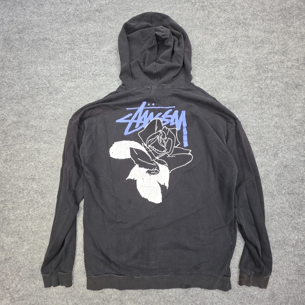 STUSSY Hoodie Women's Small Black Floral Spellout 90's Made USA *Stains*